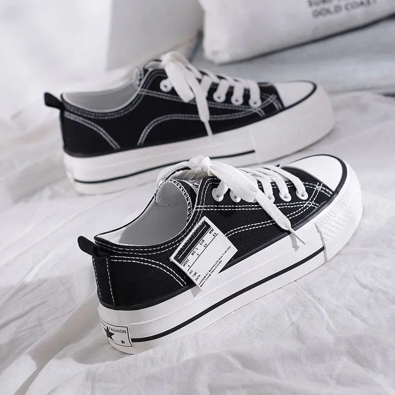 Women's Thick-soled Low-top Canvas Shoes Harajuku Style Students' Height-increasing Shoes Girls' Casual Shoes Biscuit Shoes