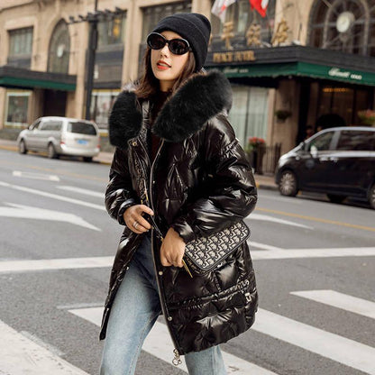 Shiny Winter jacket women casual Parka Coat Cotton coat Big Fur Collar warm loose jacket Parkas