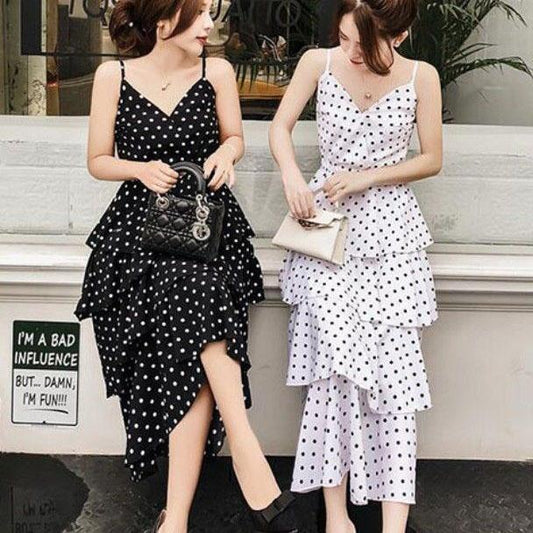 Women Summer Vintage Sleeveless Long Party Dress Elegant Slim Backless Dot Printed V-neck Cake Casual Dress