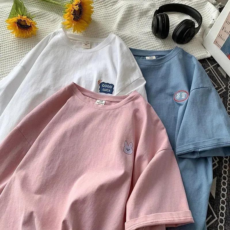 Women's Summer Tees Loose Breathable Embroidery Simple Short Sleeve Harajuku T Shirt Tops