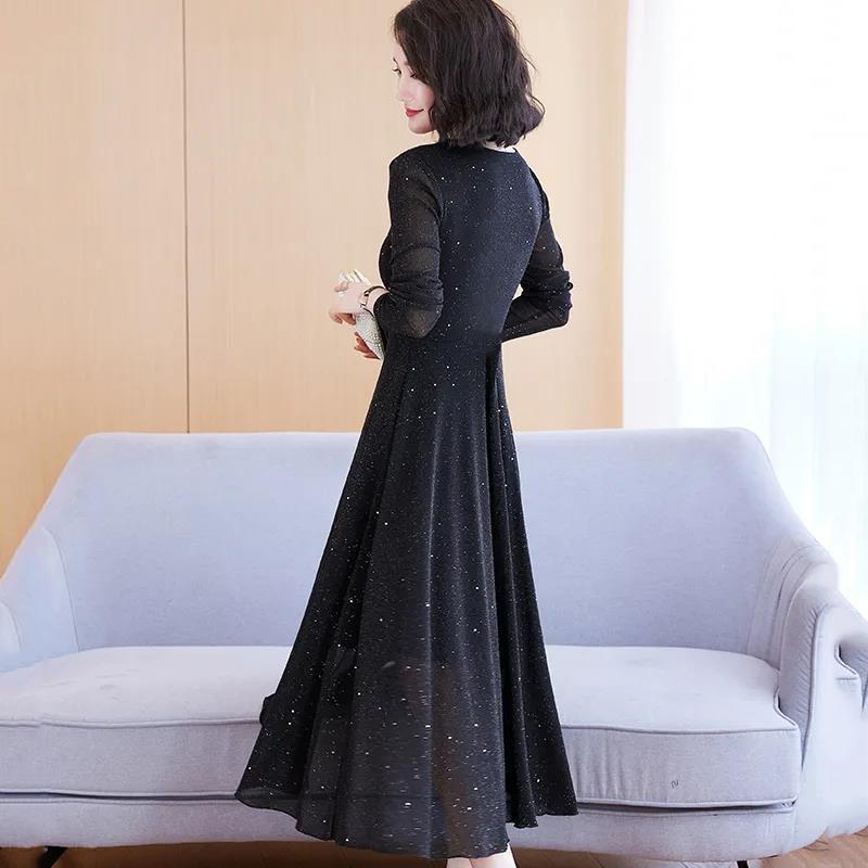 Spring and Summer Mesh Dress Women's Long-sleeved Long Section Slim Temperament Long Rectangular Neckline Printed Skirt