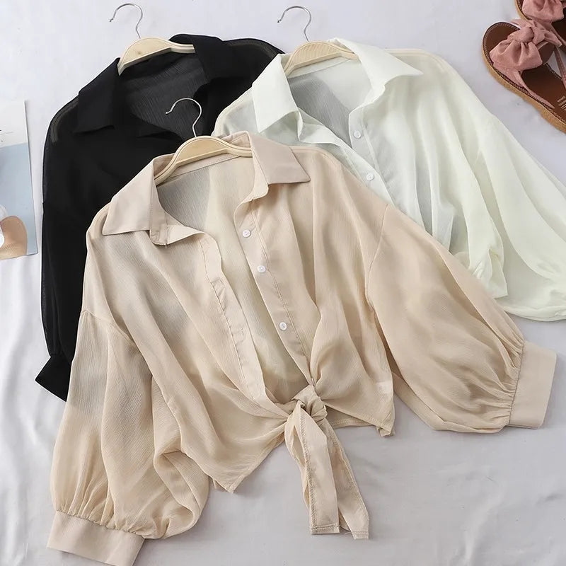 Summer Shirt Half Sleeve Buttoned Up Loose Casual Blouse Chiffon Shirts Women Tied Waist Elegant Blouses for Women