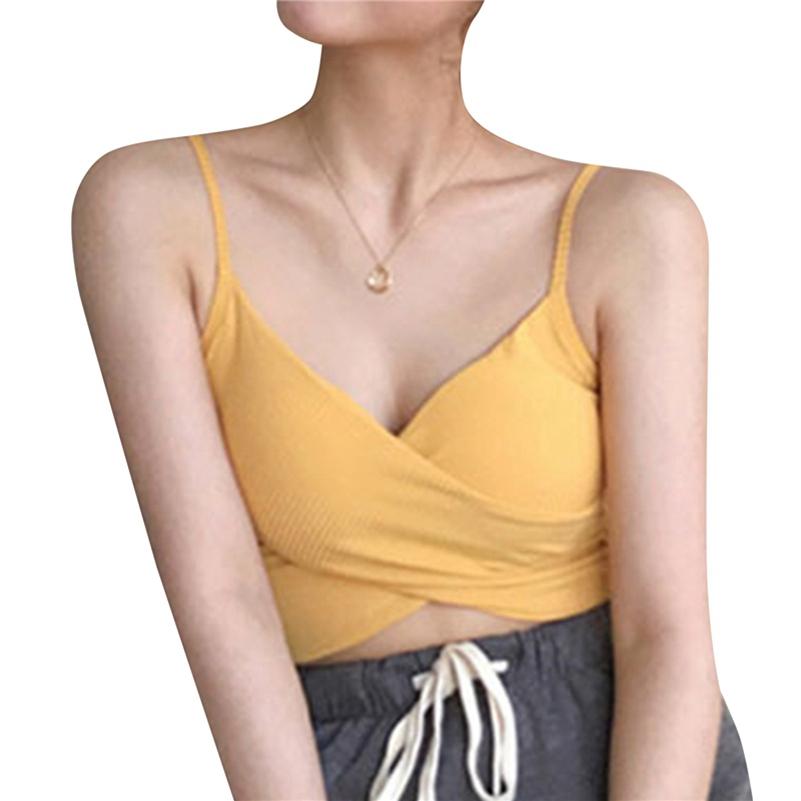 Elastic Women's Padded Tank Crop Tops Solid Color Spaghetti Straps Sleeveless Tops