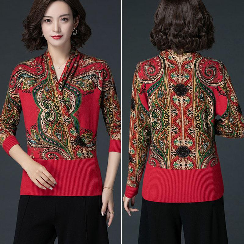 Autumn Winter Ethnic Style  Floral Print Sweater Knit Pullover Jumper Tops  Casual Slim Warm Woolen Sweater