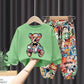 Boys and Girls Wear Cute Bear Print Sweater + Anime Print Pants Casual Loose Spring and Autumn Comfortable Breathable Sweat Two-piece Suit