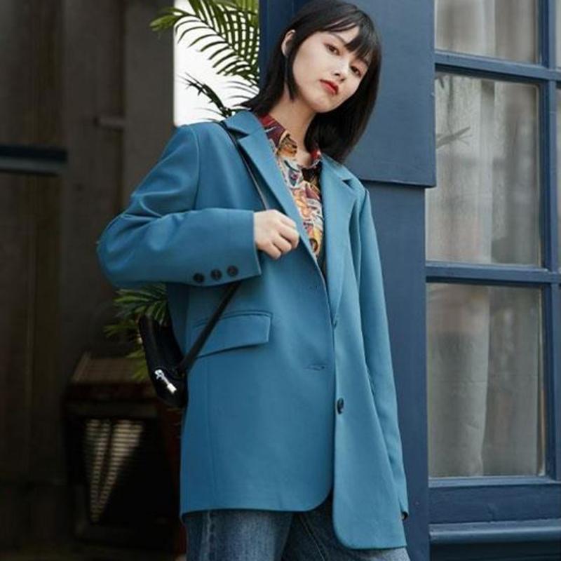 Suit Jacket Female Korean Student Mid-length Small Suit Blue Retro Casual Loose Single-breasted Street Style