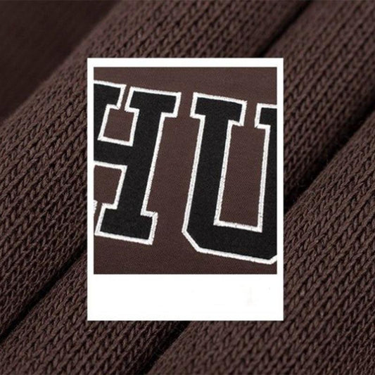 Vintage American Retro Coffee Color Loose Hooded Letter Sweater Coat Female Zipper