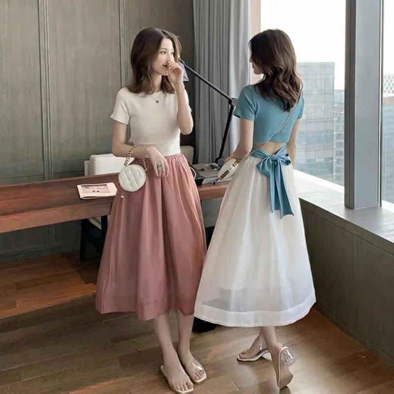 Two-piece Skirt Suit Summer Ladies Bow Tie Cotton Top T-shirt + Organza Chiffon Skirt Sexy Show Waist A-line Skirt Suit