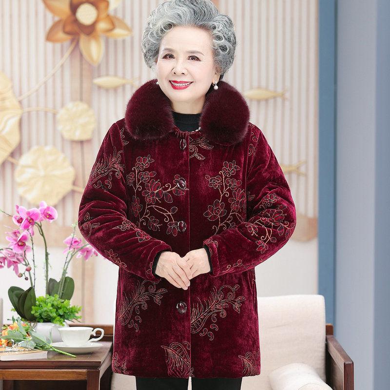 Winter Mid-length Cotton-padded Jacket Elderly Women's Winter Cotton-padded Jacket Jacket Plus Velvet Padded Fur Collar Quilted Jacket