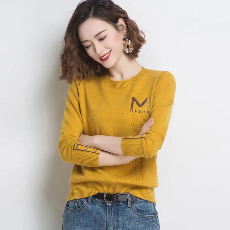 Women's Basic Solid Color Crewneck Sweater Fashion Button Cuff Loose Plus Size Sweater
