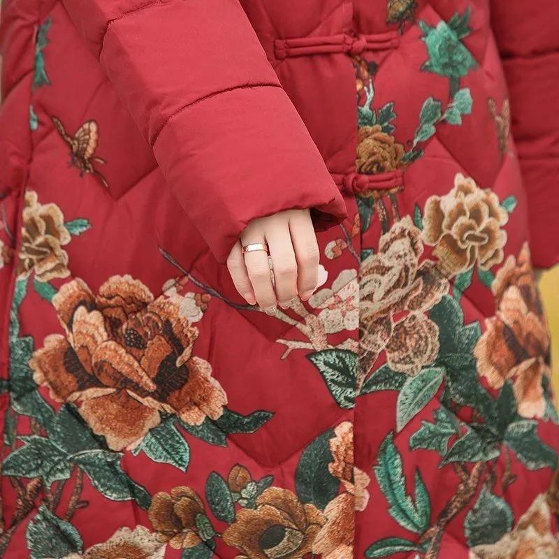 Chinese Style Women Flower Print Hooded Parka Long Coat Coat Jacket Down Padded Jackets Autumn and Winter Warm Thicken Loose Outwear