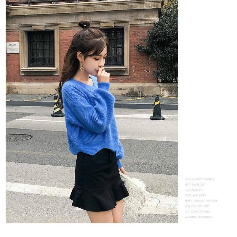 Pofulove 8 Colors Cute Long Latern Sleeve Knitted Shirt O-neck Loose Blouse Simple Color Sweaters