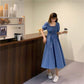 Summer Retro French Casual Solid Color Over-the-knee Long Skirt Waist Puff Sleeve Square Neck Short-sleeved Dress