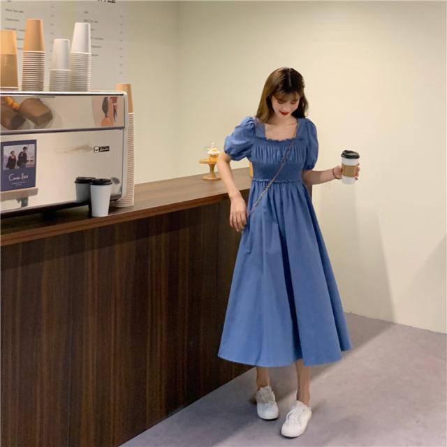 Summer Retro French Casual Solid Color Over-the-knee Long Skirt Waist Puff Sleeve Square Neck Short-sleeved Dress