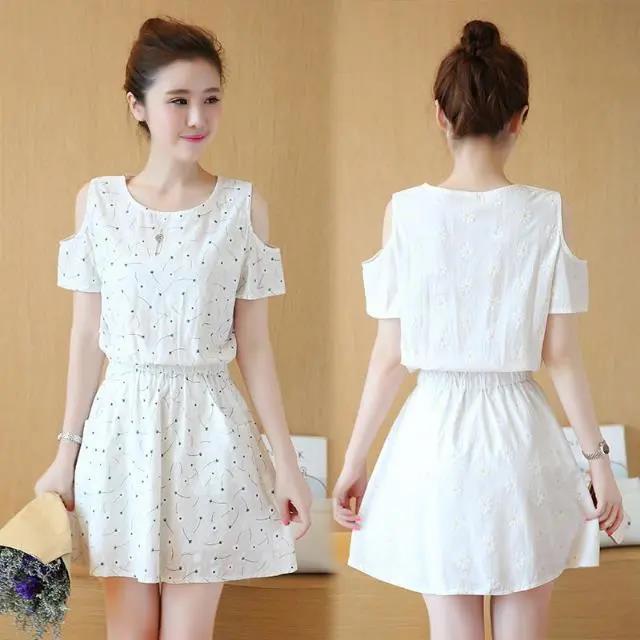 Cotton Short Off-shoulder Dress Floral Waist Slimming Dress Ladies Off-shoulder Dress Cotton Fabric Sweat-absorbent and Breathable