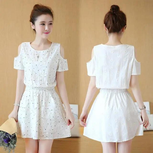 Cotton Short Off-shoulder Dress Floral Waist Slimming Dress Ladies Off-shoulder Dress Cotton Fabric Sweat-absorbent and Breathable
