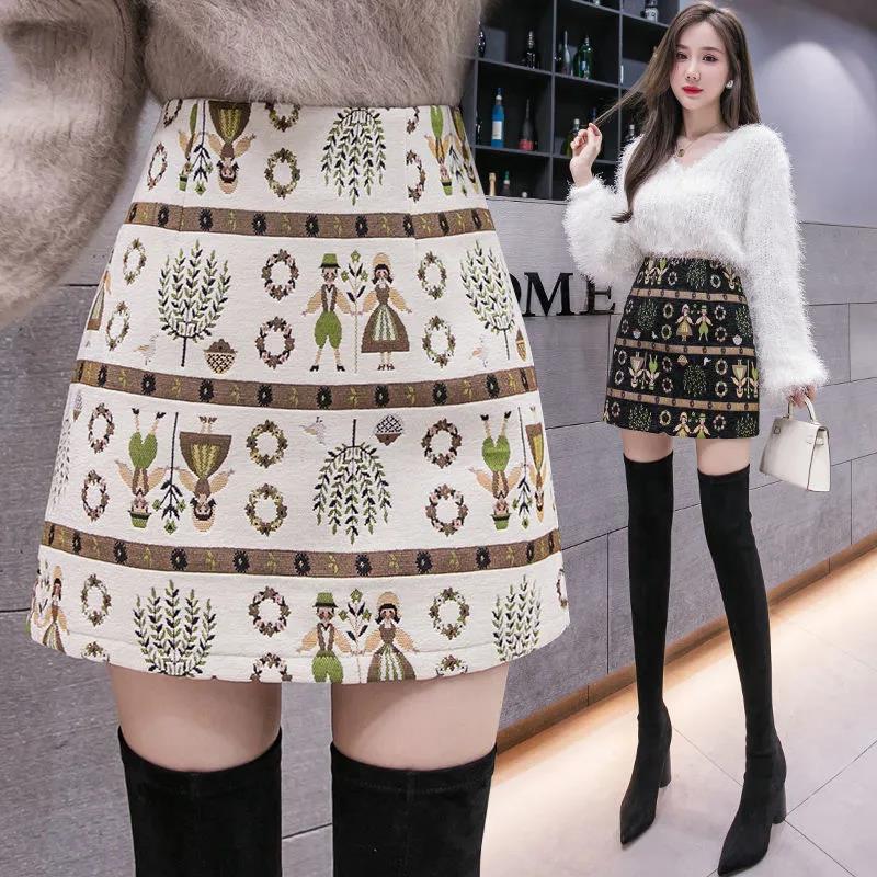 Autumn and Winter Retro National Style Short Skirt High Waist A Letter Bag Hip Hair Hair Skirt Female Has Safety Pants