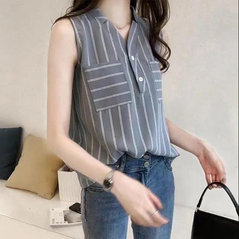 Summer V-Neck Sleeveless Stripe Casual Shirt Vest Large Size Women's Shirt