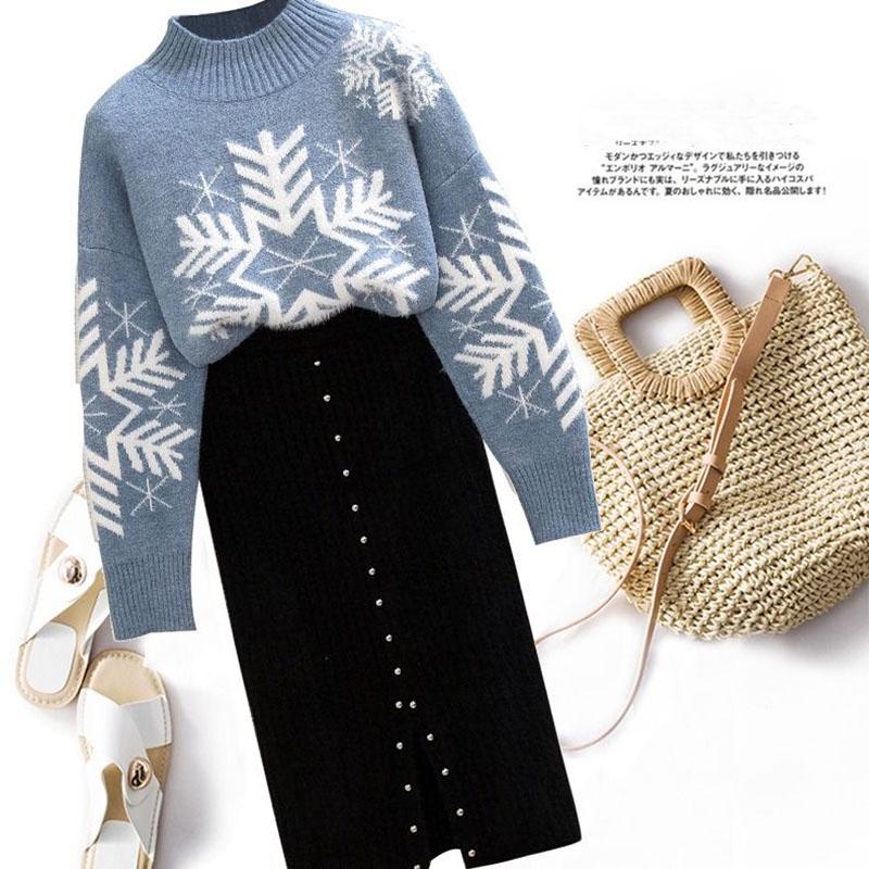 Autumn and Winter Sweater Set Women Snowflake Print Sweater and Mohair Bodycon Skirt Two-piece Set Ladies Christmas Sweater Set