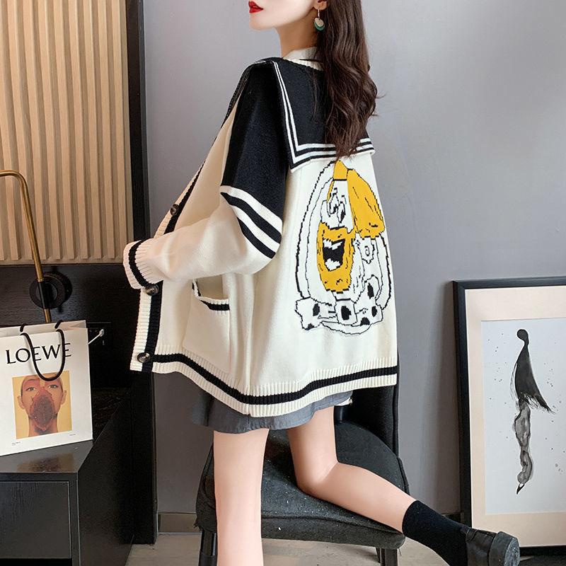 Autumn Winter Navy Collar Long-sleeved Knitted Cardigan Women Loose Casual Fashion Ladies Sweater Coat College Style