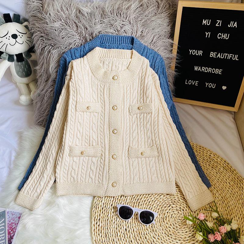 Women's Short Knitted Cardigan Autumn Winter Solid Color Sweater Coat Women's Pearl Button Twist Knit Top Cardigan Sweaters with Pockets