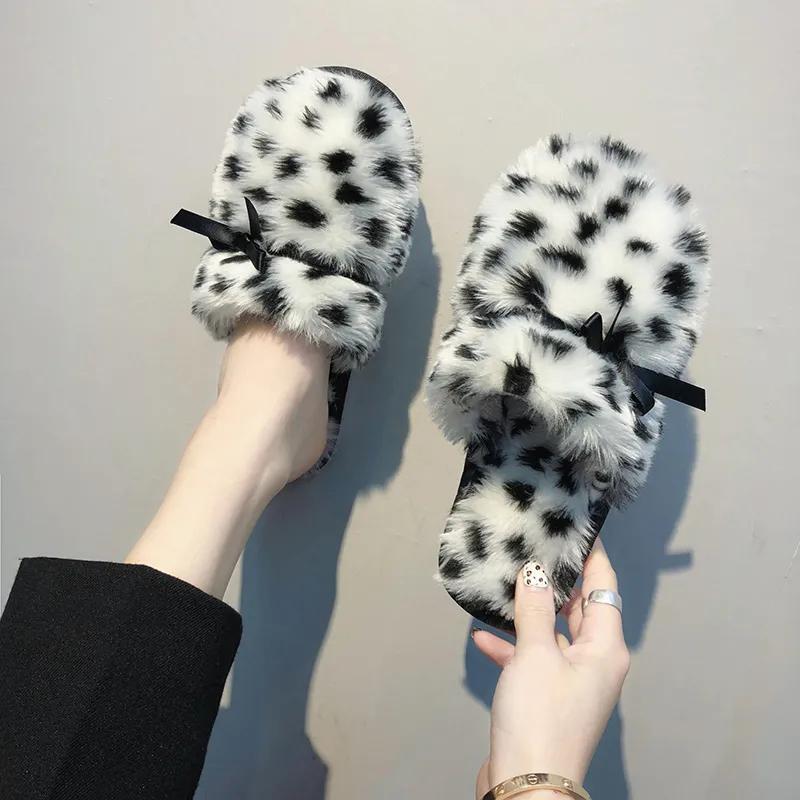 Women Slippers Fur Warm Winter Slipper Leopard Bow Furry Shoes Ins Kawaii Ladies Soft Winter Slide Plus Size 41
