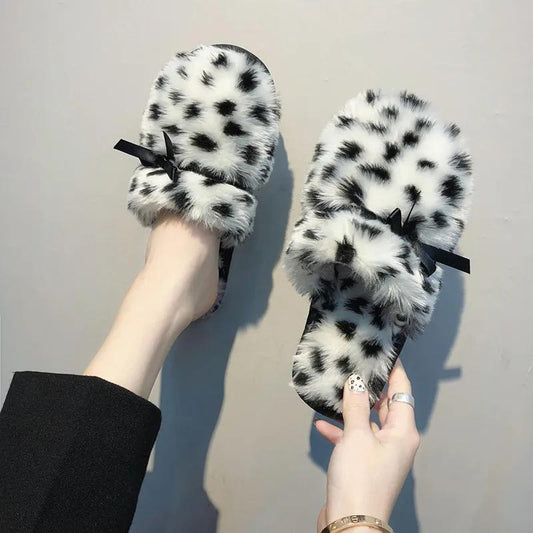 Women Slippers Fur Warm Winter Slipper Leopard Bow Furry Shoes Ins Kawaii Ladies Soft Winter Slide Plus Size 41