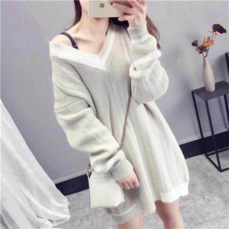 Pofulove high-quality core-spun yarn V-neck hedging mid-length wild wild knit ins sweater female student Korean loose top