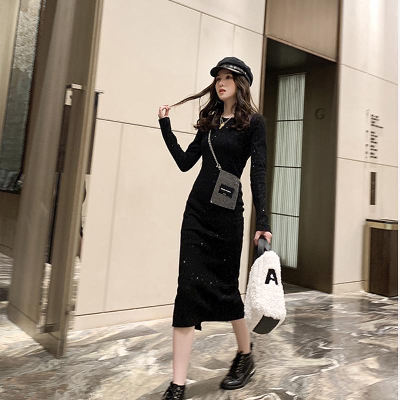 Fashion Black Long Skirt Women's Dress Winter Thin Long Sleeve Bottoming Dress Female