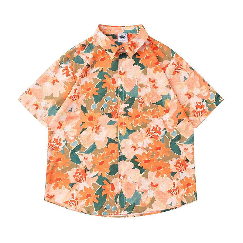 Summer Retro Floral Full-print Short-sleeved Shirt Men's Street Fashion Street Lazy Style Loose Couples Floral Shirts for Men and Women