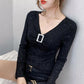 Women's Spring and Autumn Solid Color Long Sleeve Bottoming Shirt V-Neck Slim Top