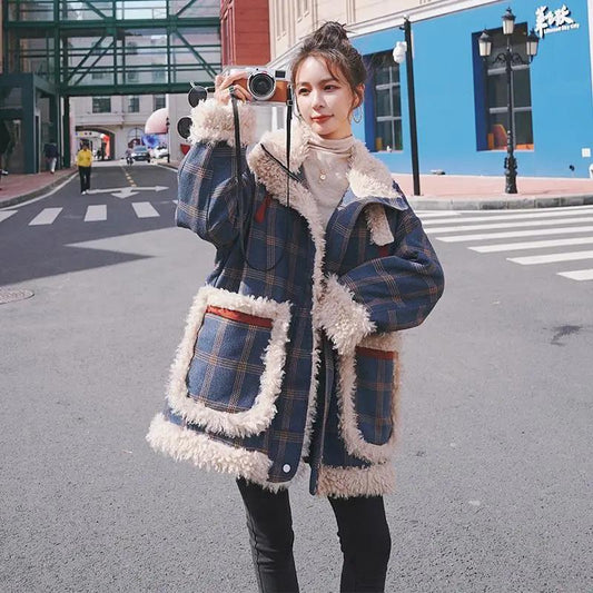 Plaid Lamb Wool Coat Girl Student Padded Overcoming Padded Coat
