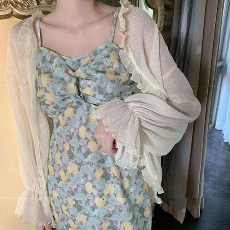Ice Silk Sunscreen Women's Cardigan with Suspenders Skirt with Shawl and Chiffon Jacket
