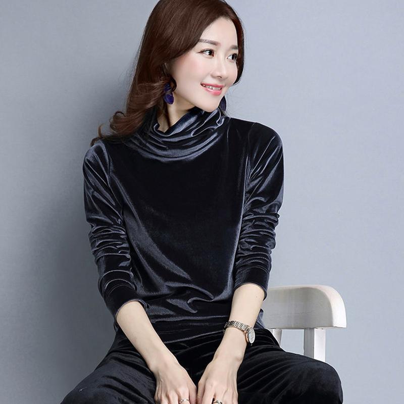 Autumn and Winter High-neck Women's Bottoming Shirt Fashion Gold Velvet Sweater with Long Sleeves Loose Blouse