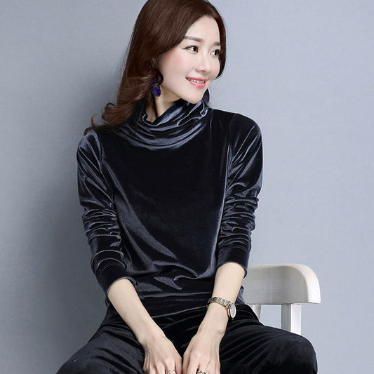 Autumn and Winter High-neck Women's Bottoming Shirt Fashion Gold Velvet Sweater with Long Sleeves Loose Blouse