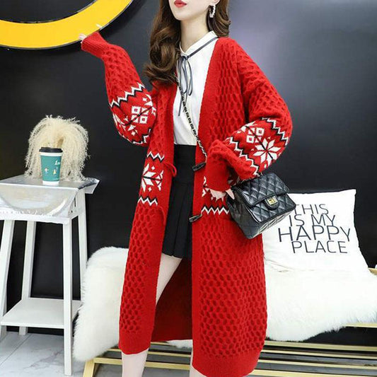 Autumn and Winter Leisure Wool Knit Sweater Loose Long Over The Knee Top Elegant Jacquard Pattern Sweater Coat
