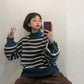 Striped knit jacket coat Thick color-matching turtleneck female student lazy wind loose pullover