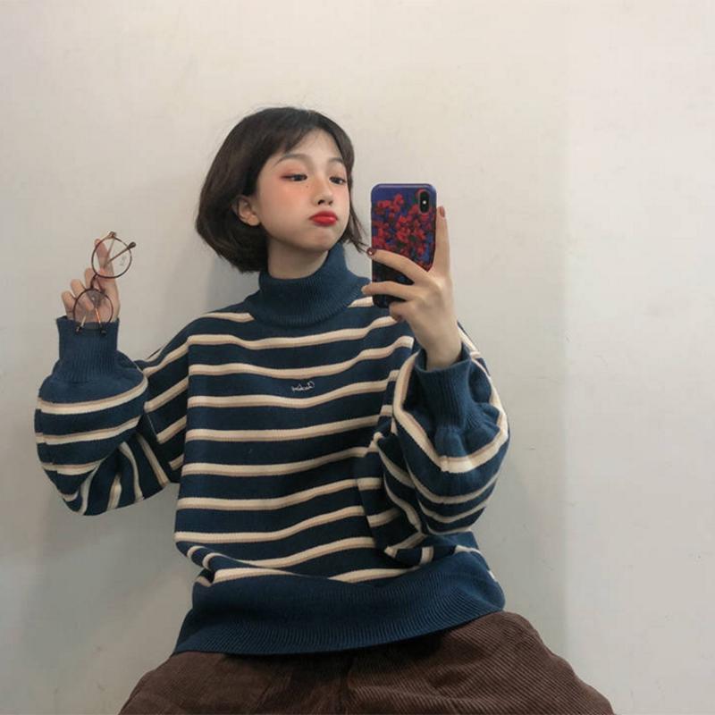 Striped knit jacket coat Thick color-matching turtleneck female student lazy wind loose pullover