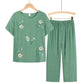 Women Clothes Summer Cotton and Linen Homewear Set Short Sleeve Floral Print T-shirt Pants Loose Two Pieces Set Outfit for Middle-aged Large Size