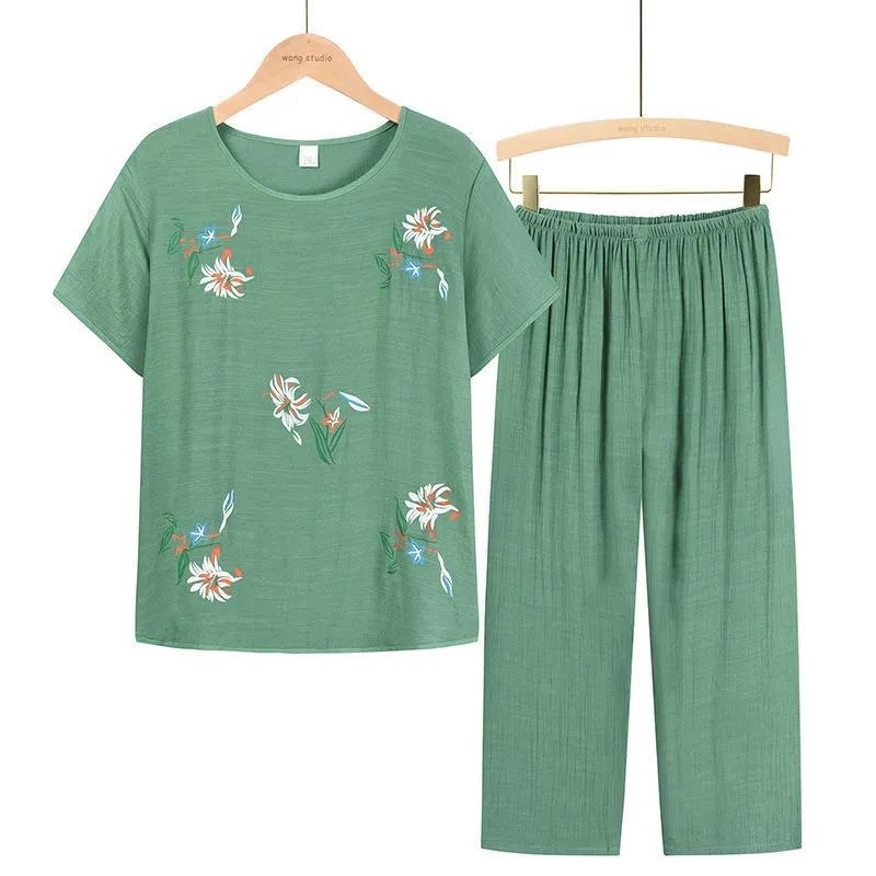 Women Clothes Summer Cotton and Linen Homewear Set Short Sleeve Floral Print T-shirt Pants Loose Two Pieces Set Outfit for Middle-aged Large Size