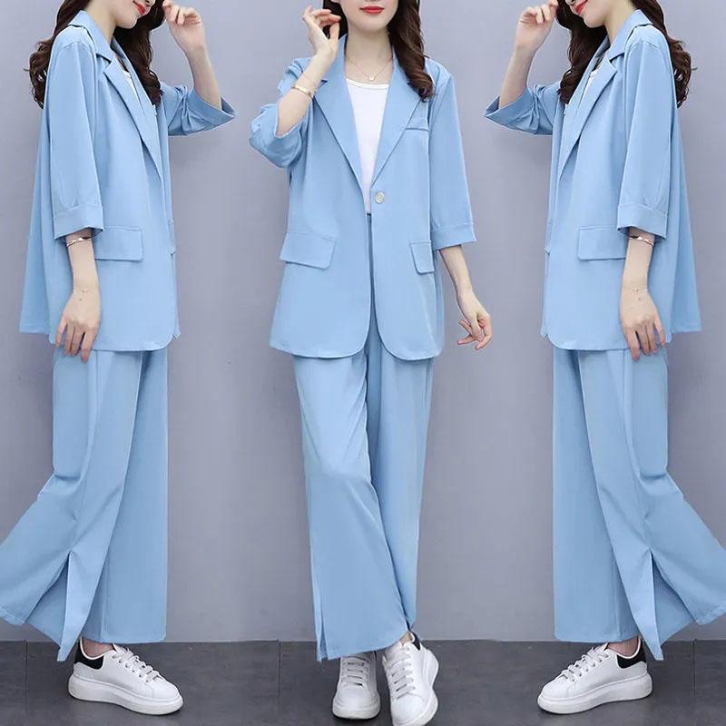 2PCS Women's Wide-leg Pants Suit Spring and Summer Korean Version Slim Suit Jacket + Loose Slit Trousers Two-piece Suit Casual Elegant Workplace Suit