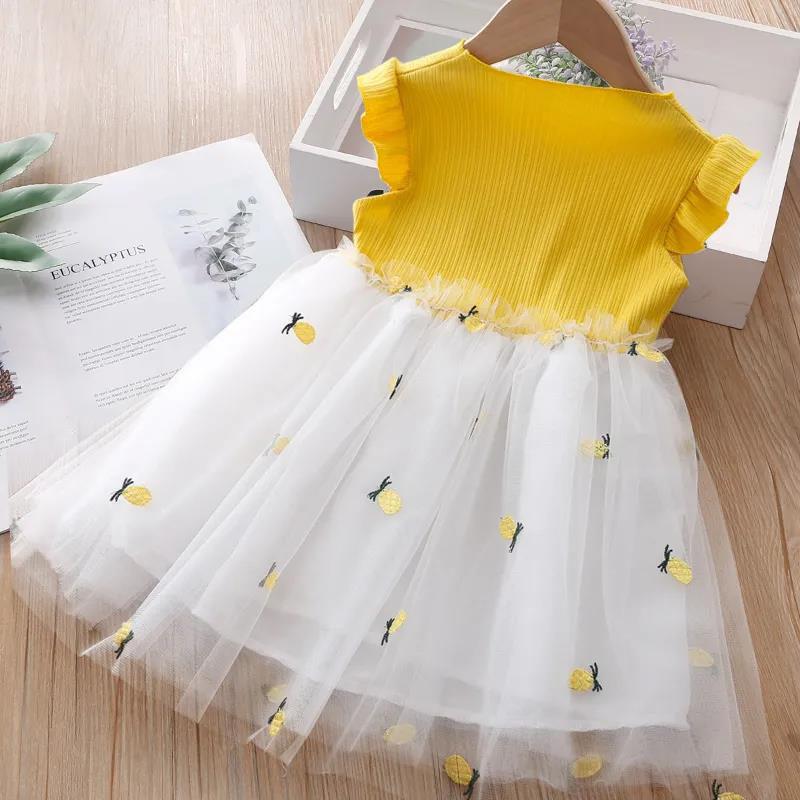 Girls Dress Summer Sweet Splicing Mesh Pineapple Skirt Kids Short Sleeve Vest Princess Dress Puff Skirt