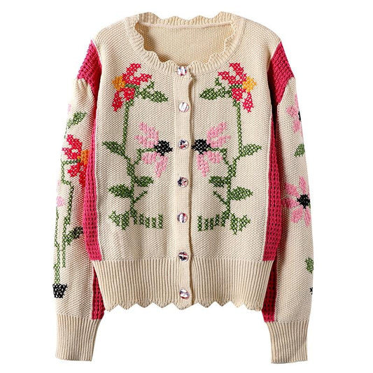 Autumn Cardigan Women Floral Embroidery Pink Hollow Out Kntted Cardigan Sweater Runway Female Top