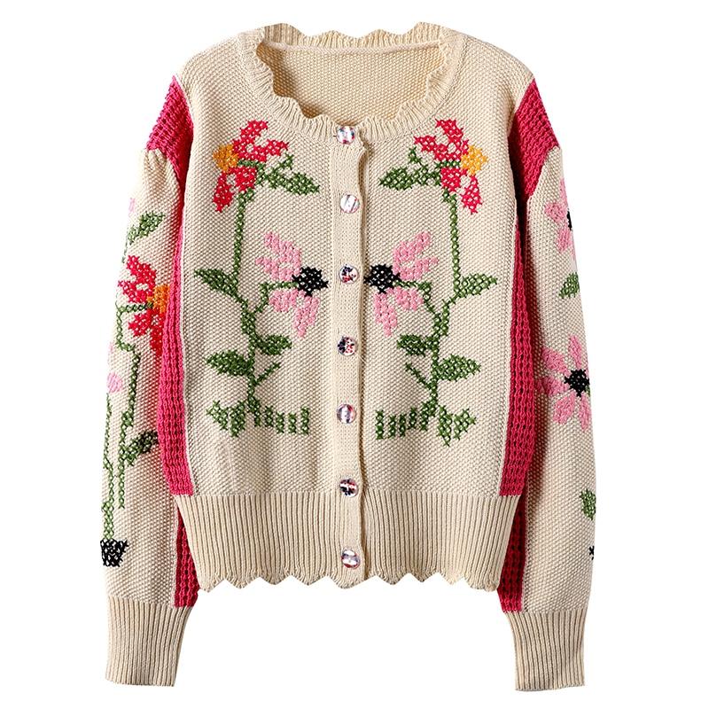 Autumn Cardigan Women Floral Embroidery Pink Hollow Out Kntted Cardigan Sweater Runway Female Top