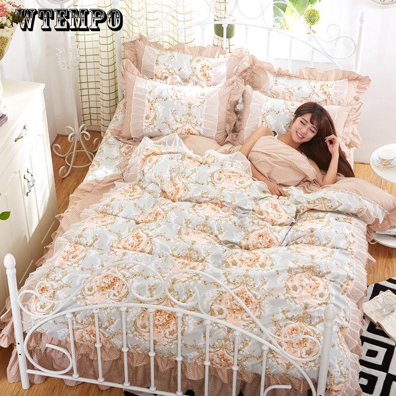 WTEMPO White Pink Lace Bedding Set Bedspread Beautiful Princess Style Kid Girls Twin Full Queen