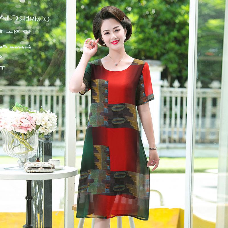 Mid-length XL-XXXXXL Women's Summer Dress Chiffon Veil  Round Neck Short Sleeve Daily Wear
