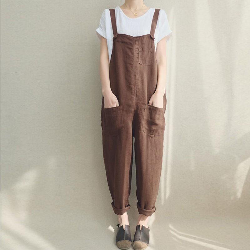 Women Casual Linen Jumpsuits Overalls Pants with Pockets Vintage Linen Harem Pants