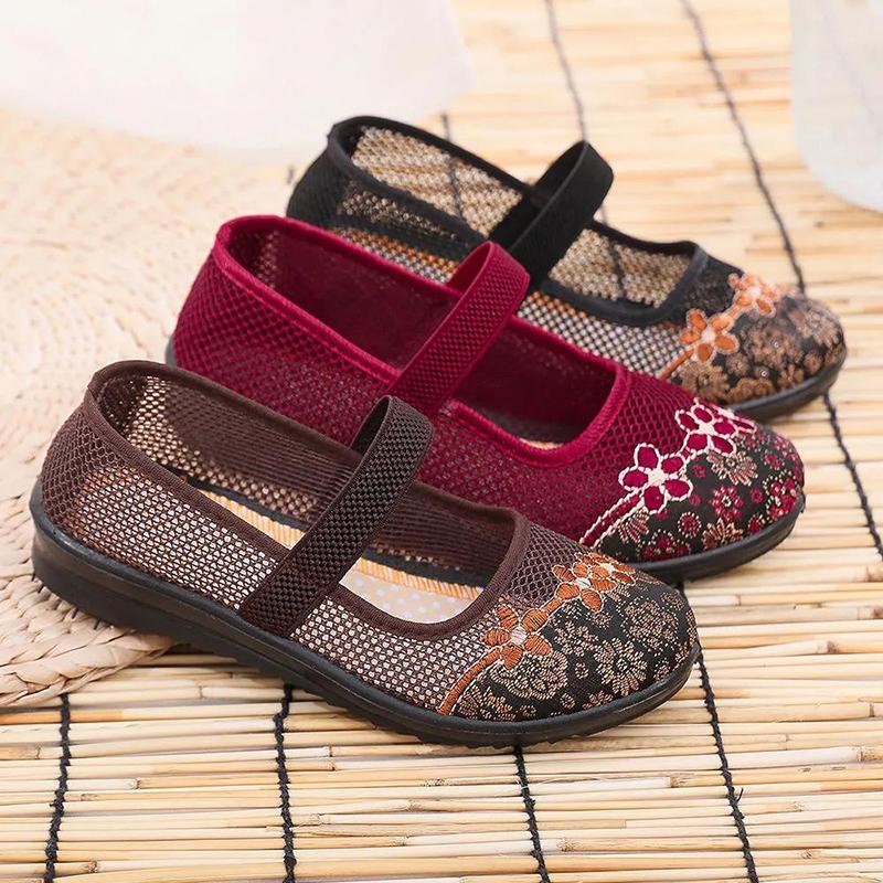 Old Beijing Cloth Shoes Women's Single Shoes Summer Mother Shoes Middle-aged and Elderly Breathable Mesh Shoes Flat Hollow Cloth Shoes
