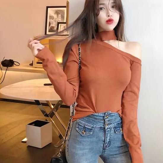 Pofulove Girly Slim Hollow Out Collar Sweater Chic Halter Neck Crop Top V-Neck Fit Sweater Jumper