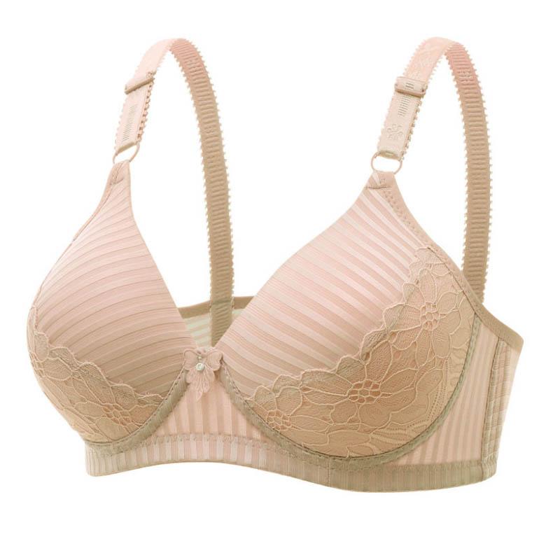 Ladies Gather Bra No Steel Rings Non Magnetic Underwear Lined Sponge Cover Anti-sagging Anti-glare Simple Sexy Lace Striped Bra